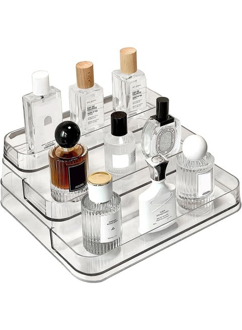 3-Tier Acrylic Display Shelf, Vanity Organizer Stand for Perfume, Makeup, Cosmetics, Cupcakes, Plastic Figures, Multi-Functional Transparent Display Risers for Home, Bathroom, Office, and Retail, Elegant and Space-Saving Organizer-Clear